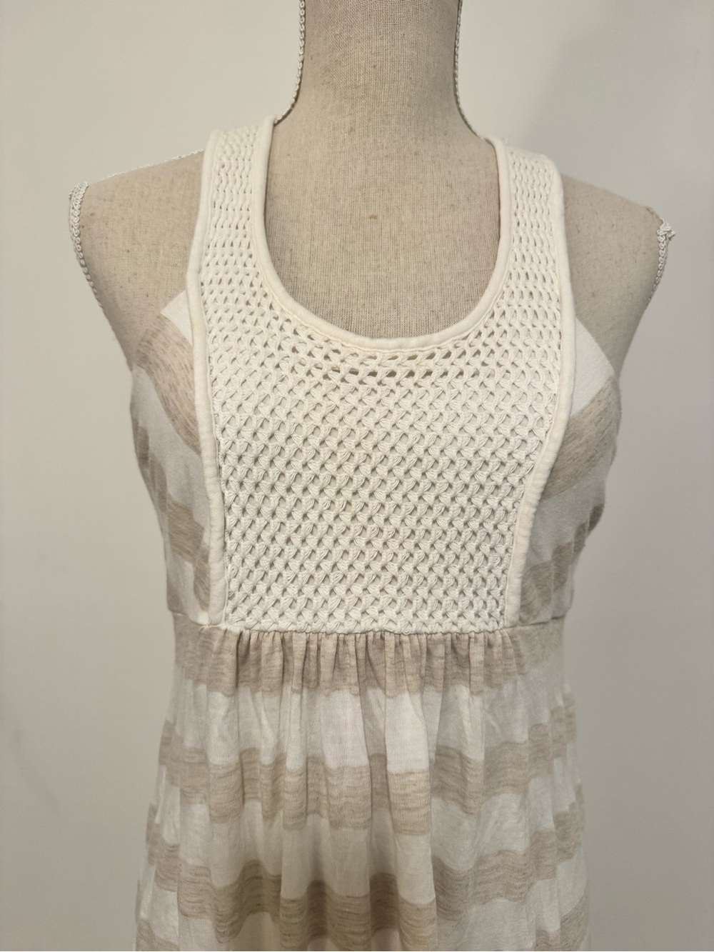 Ella Moss Tan White Sleeveless Striped Knit-Yoke Mini Dress Size L